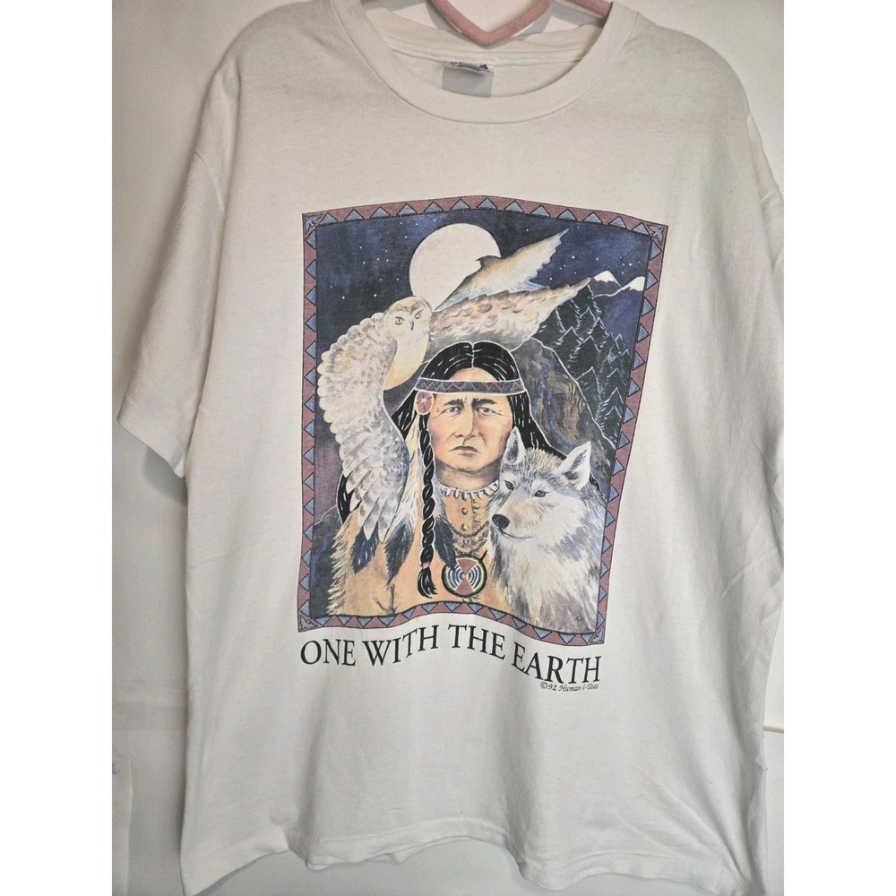 Vintage 90s Native American One With The Earth T Shirt Lg Indian Nature Wolf